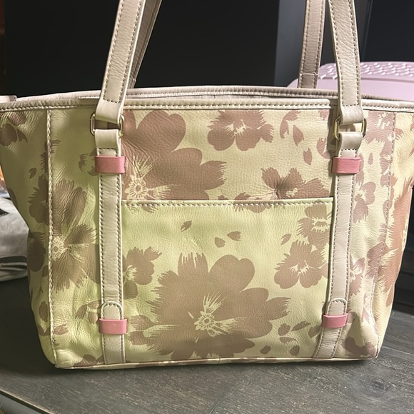 B•Makowsky Tan & Pink Genuine Leather Floral Tote Shoulder Bag EUC - Picture 3 of 7